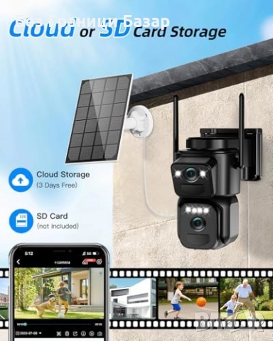 Нова 2K соларна безжична външна камера с 360° завъртане и нощно виждане, снимка 8 - Други - 51898318