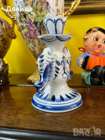 Гжел 🫶 Свещник Русия Ръчно рисуван Височина-13.5 см , снимка 3 - Декорация за дома - 51322790