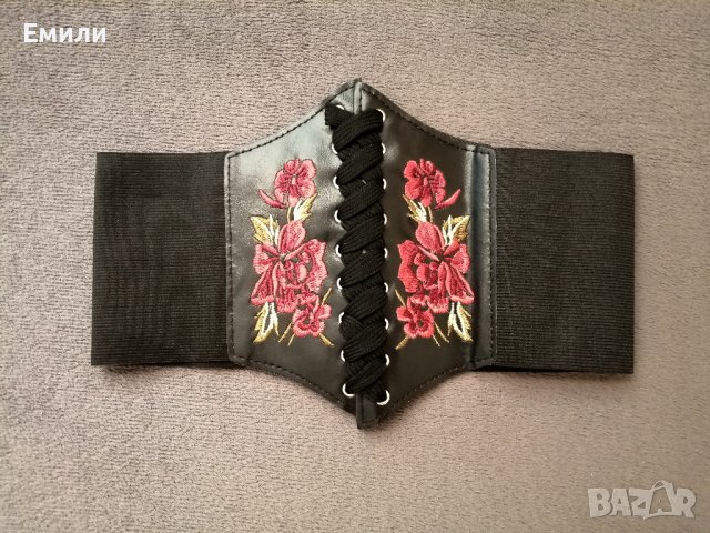 Колан/корсет за талия с бродерия цветя, имитация на кожа и ластик в черен цвят, снимка 4 - Корсети, бюстиета, топове - 41488677