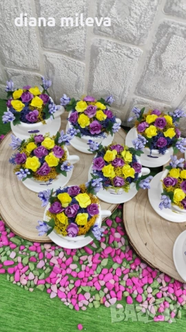 Сладурски чашки с нежни цветлета в лилаво и жълто!, снимка 3 - Декорация за дома - 52046730