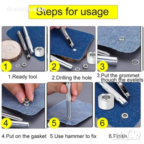 4884 Комплект сребристи метални капси 10 мм с инструменти за монтаж (замба и наковалня), снимка 2 - Други стоки за дома - 53624057