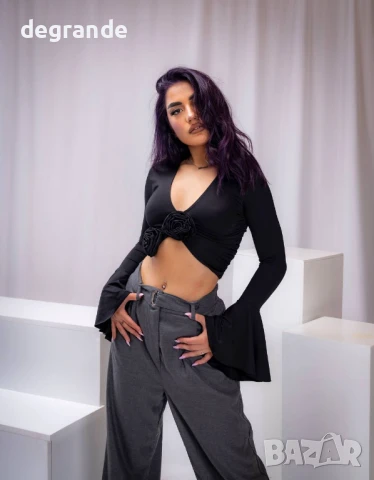 Тъмно сив дамски панталон с широк крачол, снимка 4 - Панталони - 50907794