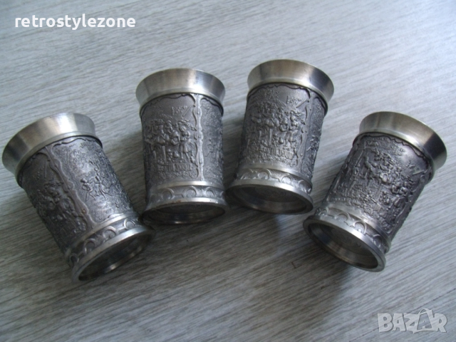 № 7452 комплект 4 броя стари малки метални чашки - REIN ZINN  - SKS design  - релефни орнаменти 