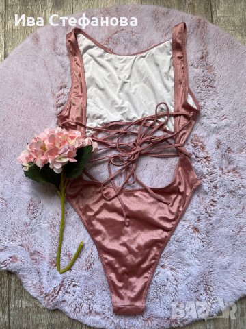 Нов розов бански висока талия  пепел от рози хигиенна лепенка XL 2XL , снимка 6 - Бански костюми - 41322430