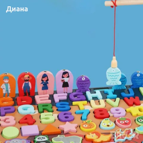 Монтесори Пъзел и Сортер с дървени фигурки и магнитен риболов, снимка 4 - Образователни игри - 48345134