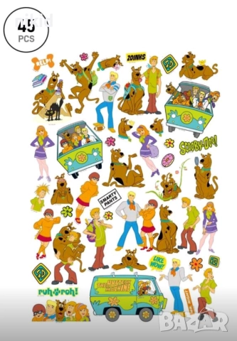 45 бр Скуби Ду Scooby Doo самозалепващи лепенки стикери украса декор картонена торта ръчна изработка, снимка 5 - Други - 52338106