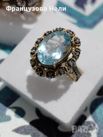 Винтидж пръстен с Аквамарин и 12 диаманта, снимка 2 - Пръстени - 53830646