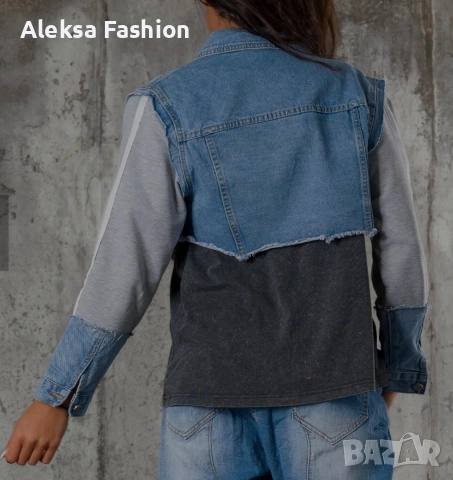 Дамско късо дънково яке с ръкави от плат , снимка 2 - Якета - 52819452