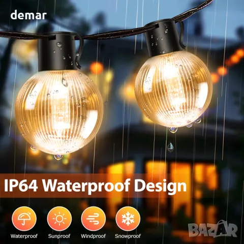 DSLebeen 9 м Водоустойчиви феерични светлини,захранвани с батерии,12 бр G60 LED крушки,дистанционно, снимка 3 - Лед осветление - 49244034