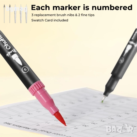 Ohuhu Maui Series маркери с два писеца тип четка и тънък писец,60 цвята, снимка 3 - Ученически пособия, канцеларски материали - 52146416