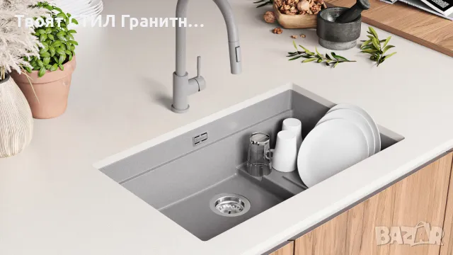 Сива гранитна мивка за монтаж под плот Прага 80 Step Level 560 x 470 мм, снимка 3 - Мивки - 49811752