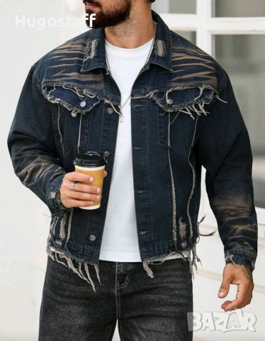 Ново мъжко карго дънково яке риза Street Style накъсан вид овърсайз изтъркано деним памук ХХЛ, снимка 7 - Якета - 53241286