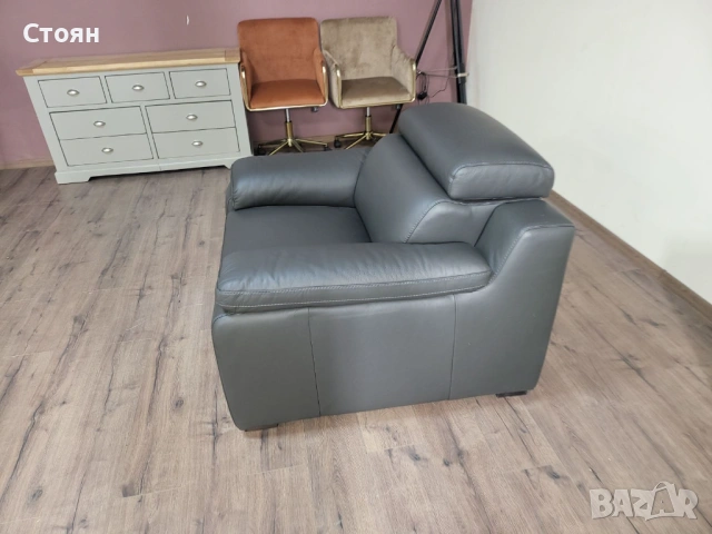 Италиански сив кожен фотьойл Ancona, снимка 2 - Дивани и мека мебел - 53716476