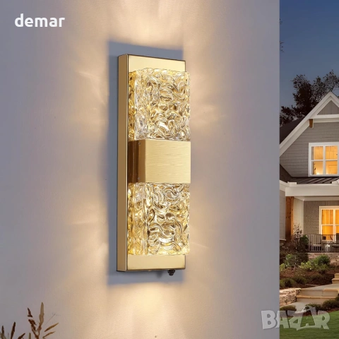 Външна стенна лампа, кристална, златист стенен аплик, IP65, 36 см
