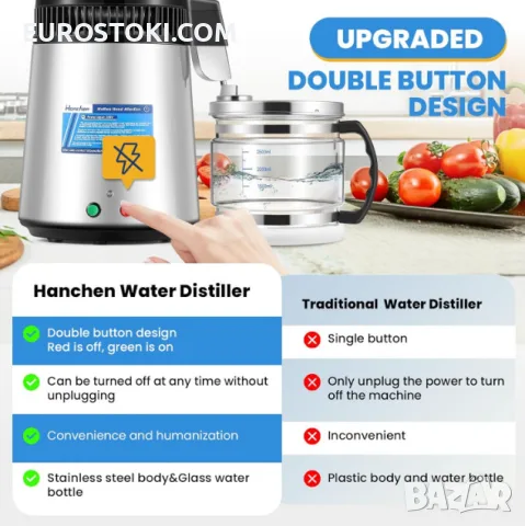 Дестилатор за вода Hanchen 750W, 4L, неръждаема стомана 304, стъклен съд, въглероден филтър , снимка 2 - Други - 56122233