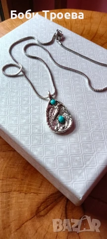 Бохо ретро колие с висулка с тюркоаз-неръждаена стомана ,стандартно закопчаване!, снимка 4 - Колиета, медальони, синджири - 50906573
