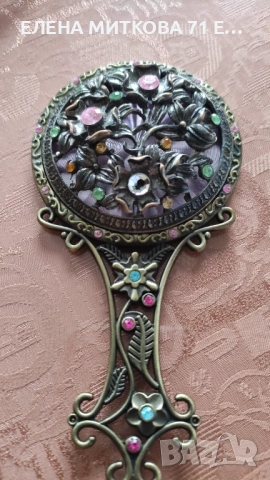 Старинно огледалце от метал с орнаменти и разноцветни камъни, снимка 3 - Антикварни и старинни предмети - 53841044