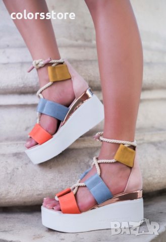 Сандали на платформа - син и коралов цвят велур - 311, снимка 2 - Сандали - 41187944