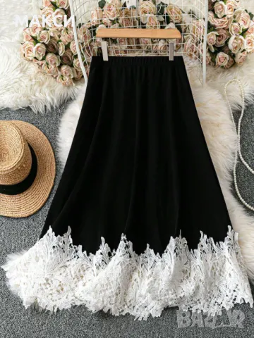 Макси разкошна елегантна еластична плътна пола с ластична талия в черно с приказна широка бяла данте