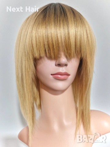 33 см естествена златисто руса омбре перука с тъмни корени и бретон