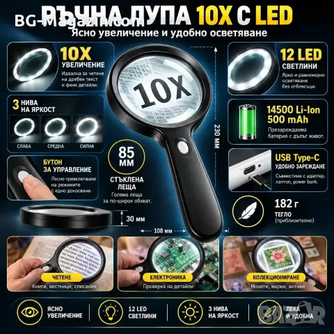 Ръчна лупа 10X с LED, 12 диода и Type-C зареждане, снимка 8 - Други инструменти - 56326926