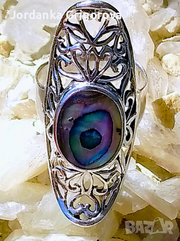 Впечатляващ,филигранен,сребърен пръстен с кралски седеф, снимка 2 - Пръстени - 36454162