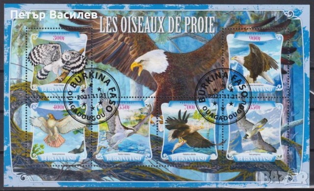 Клеймовани марки  в малък лист Фауна Хищни Птици Сови 2021 2023 Буркина Фасо 
