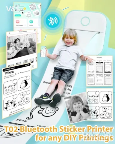 Принтер,Мини мобилен термопринтер,печат на снимки,стикери, бележки, етикети, хартия 53 мм, Bluetooth, снимка 2 - Принтери, копири, скенери - 48391151