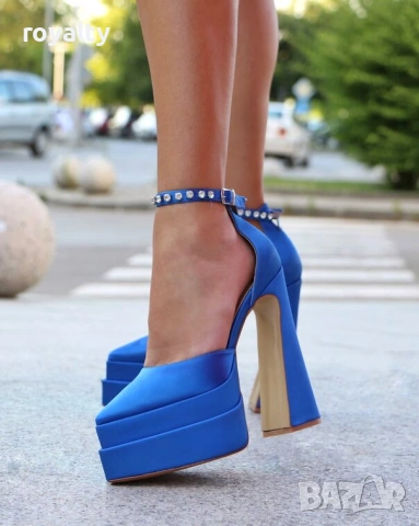 Сандали на ток - син сатен, снимка 4 - Сандали - 53411408