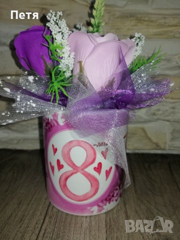 Кашпи със сапунени рози и цветя от креп хартия, снимка 4 - Изкуствени цветя - 39087697