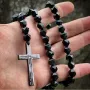 Мъжки Гердан/Броеница от Фасетиран Оникс и Стоманен Кръст, снимка 2