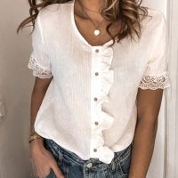 Дамска памучна блуза в бяло с къс ръкав и копчета, снимка 4 - Корсети, бюстиета, топове - 40828479