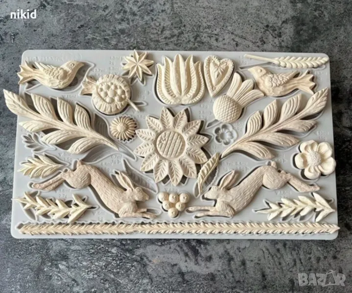 Пано заек птичка нар цвете цветя листа овес силиконов молд форма фондан шоколад гипс декор, снимка 1
