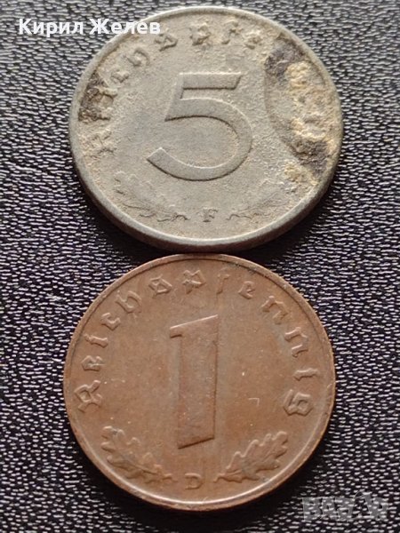 Две монети 1 райхспфенинг 1937г. / 5 райхспфенинг 1941г. Трети райх с СХВАСТИКА редки 37343, снимка 1