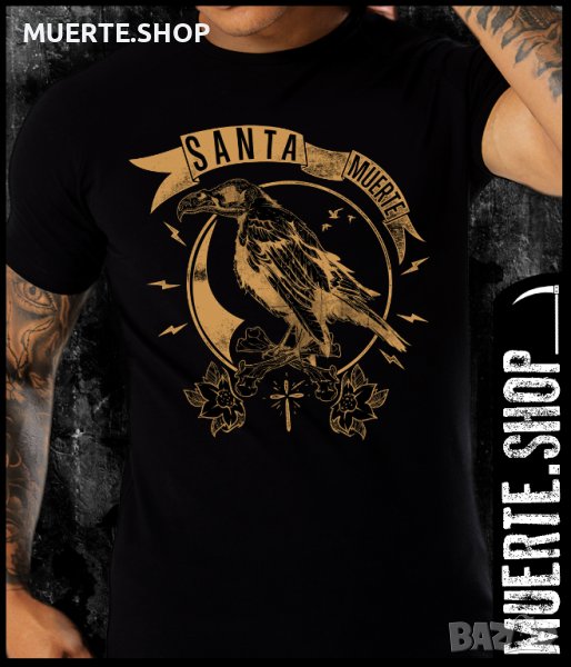 Черна тениска с щампа SANTA MUERTE CROW, снимка 1