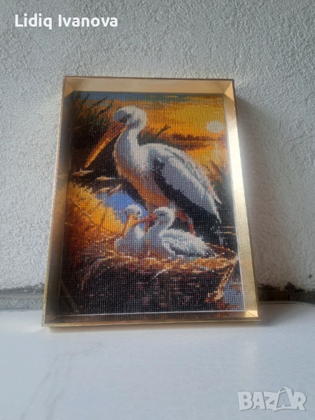 Диамантен гоблен щъркел-готов и рамкиран, снимка 1