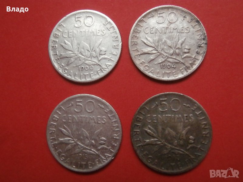 Сребърни монети 50 сантима 1900, 1904, 1913 и 1918, снимка 1