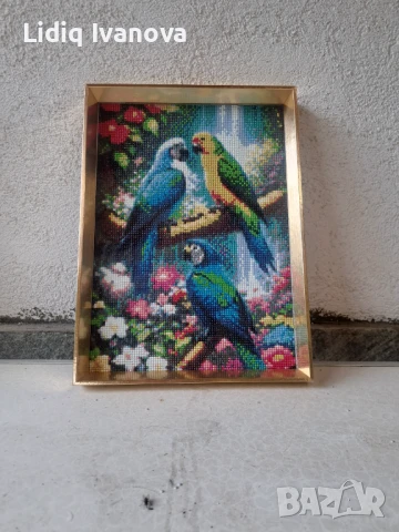 Диамантен гоблен папагали-готов и рамкиран