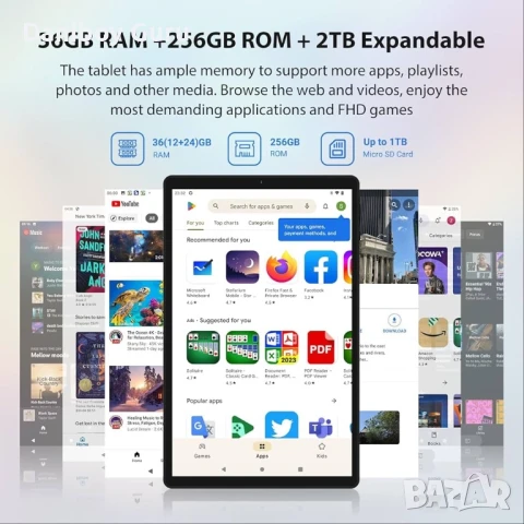 Таблет FLYCOAY 10.4" 2K, 4G LTE+5G WiFi, 36GB RAM+256GB ROM (разширяема до 2TB), Android 14, осемядр, снимка 3 - Таблети - 51120054