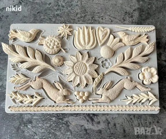 Пано заек птичка нар цвете цветя листа овес силиконов молд форма фондан шоколад гипс декор