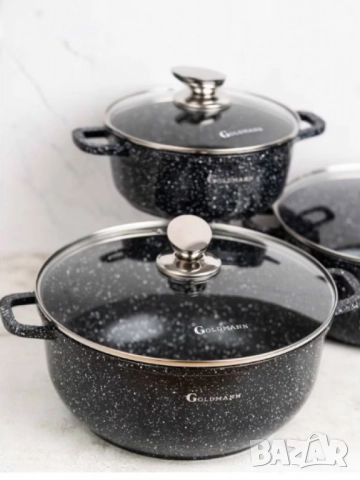 Комплект тенджери Goldmann, 20/24/28см., Лят алуминий, Мраморно покритие, Индукция, снимка 5 - Съдове за готвене - 52507492