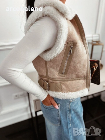 Дамски къс елек от изкуствена кожа с топла подплата, 3цвята , снимка 3 - Якета - 53101953