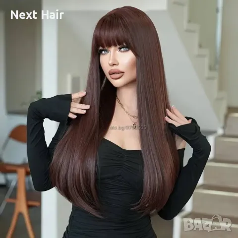 Дълга права тъмно кафява перука с бретон, снимка 4 - Аксесоари за коса - 48438369