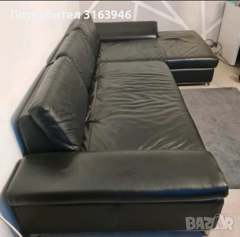  Ъглов диван от естествена кожа – черен (300 × 170 см) Ъглов диван от естествена кожа – черен (300 ×, снимка 4 - Дивани и мека мебел - 53856634