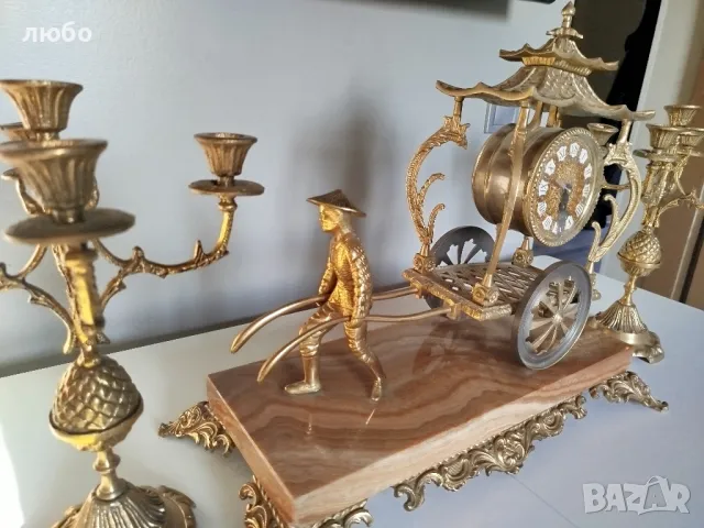 КАМИНЕН ЧАСОВНИК БРОНЗ И МРАМОР СЪС СВЕЩНИЦИ , снимка 5 - Стенни часовници - 49271670