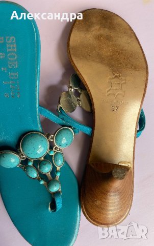 Чехли от естествена кожа с тюркоазени камъни, снимка 10 - Чехли - 42011237