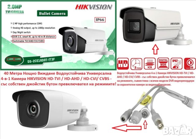 Универсална 4в1 Камера Hikvision HD-TVI HD-CVI HD-AHD CVBS 40 Метра EXIR Нощно Виждане Водоустойчива, снимка 1 - HD камери - 41547850