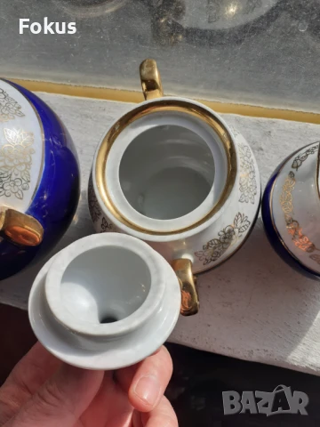 Руски порцелан троен сет позлата и кобалт маркировка, снимка 4 - Антикварни и старинни предмети - 50966610