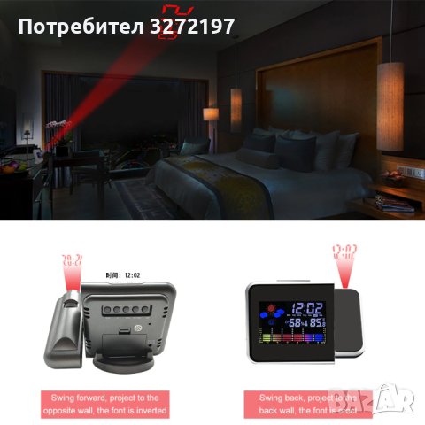 Цифров прожекционен часовник ,будилник, метеорологична станция с термометър за температура, влагомер, снимка 5 - Прожектори - 40893768
