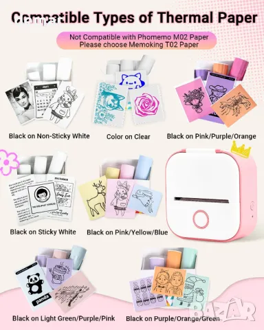 Мини принтер Memoking T02 - Преносим термичен принтер без мастило с три ролки, снимка 8 - Принтери, копири, скенери - 49283031